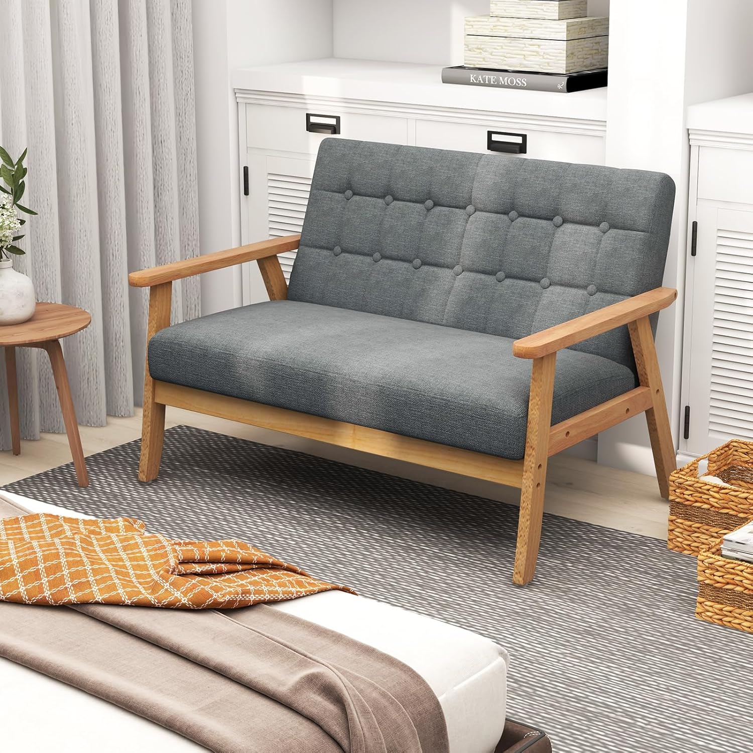 Divano a 2 Posti in Lino, Panchina Imbottita con Cuscini e Struttura in Legno di Gomma, Divano per Soggiorno, Camera da Letto, Studio