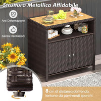 Armadietto Portaoggetti in Rattan, Mobile Buffet per Esterni in Legno di Acacia, Con Compartimento Aperto e Armadio Chiuso a 2 Ante, per Piscina, Terrazza e Patio, 90 x 53 x 66 cm (Marrone)