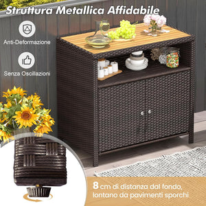 Armadietto Portaoggetti in Rattan, Mobile Buffet per Esterni in Legno di Acacia, Con Compartimento Aperto e Armadio Chiuso a 2 Ante, per Piscina, Terrazza e Patio, 90 x 53 x 66 cm (Marrone)