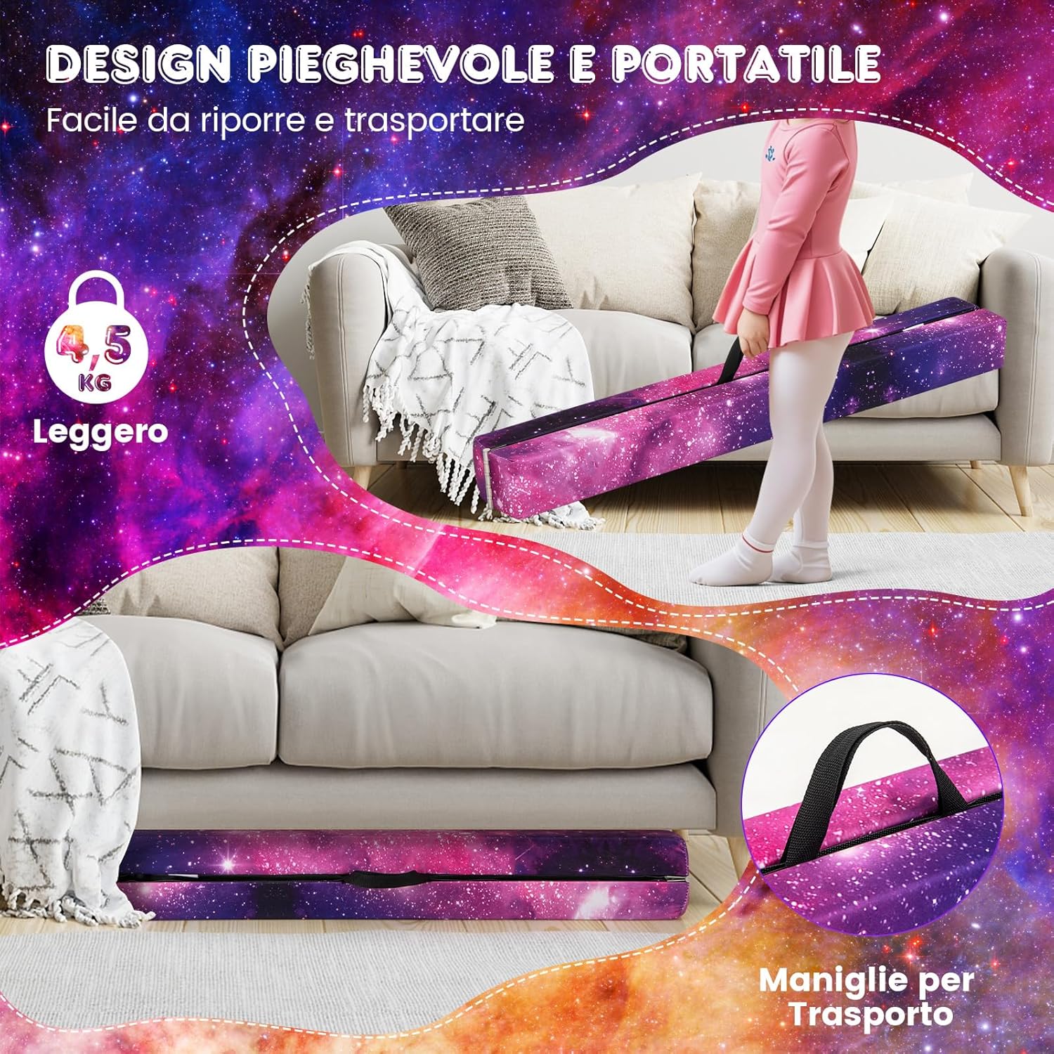 Trave Ginnastica Artistica per Casa 210/240 cm, Trave Pieghevole per Bambini con Maniglia, Base in Legno e Fondo Antiscivolo, Trave di Equilibrio da Pavimento