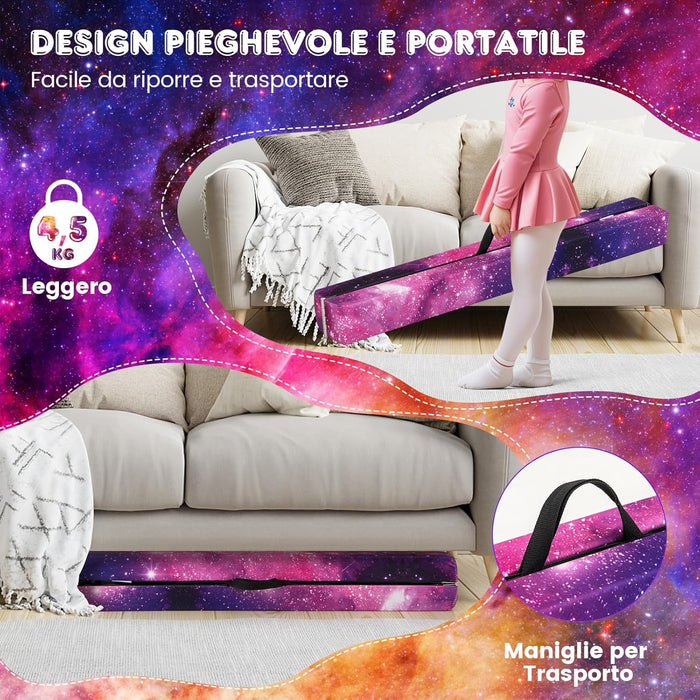 Trave Ginnastica Artistica per Casa 210/240 cm, Trave Pieghevole per Bambini con Maniglia, Base in Legno e Fondo Antiscivolo, Trave di Equilibrio da Pavimento