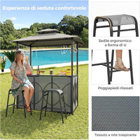 Set Bar da Patio a 3 Pezzi, Gazebo per Griglia e 2 Sgabelli da Bar con Tavolo in Vetro Temperato, Ripiani in Metallo, Portabicchieri, per Giardino Cortile e Spiaggia (Grigio)