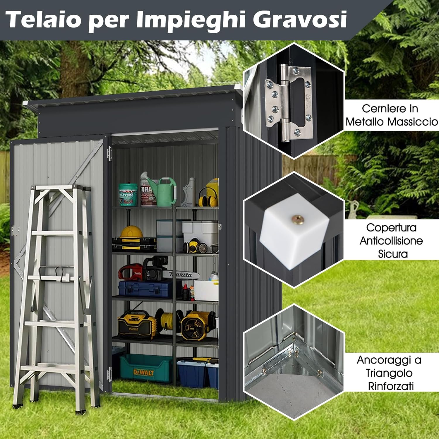 Casetta da Giardino, Capanno da Esterno con Design a Tetto Inclinato, Venti d'Aria, Struttura in Metallo Zincato, Armadio da Giardino, Cortile, Prato e Patio (Grigio Scuro)