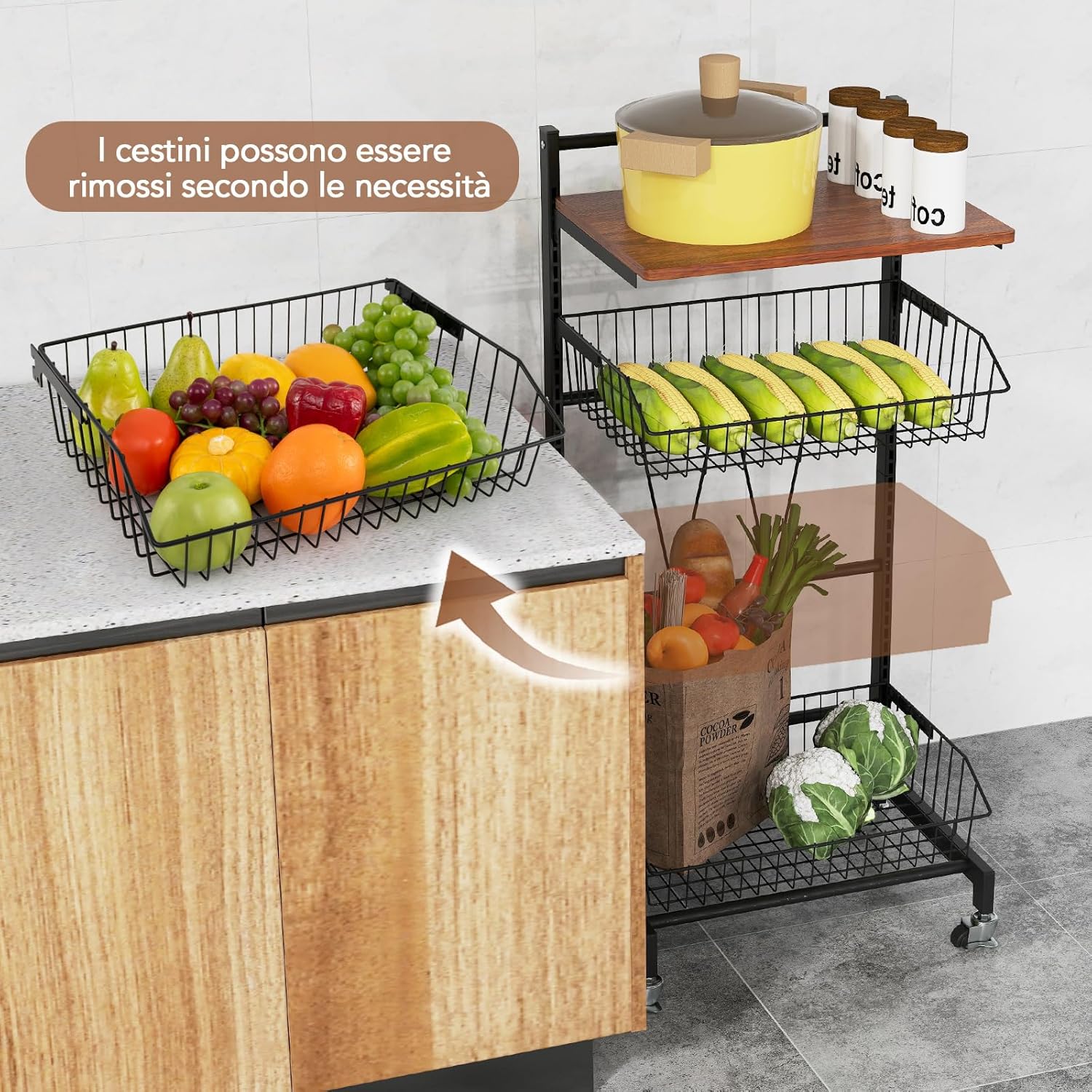 Carrello da Cucina con Ruote, Cestini Portaoggetti per Frutta e Verdura con Cestini Regolabili in Altezza e Rimovibili, Carrello Portafrutta a 4 Piani, Piano in Legno, 40x31x88 cm