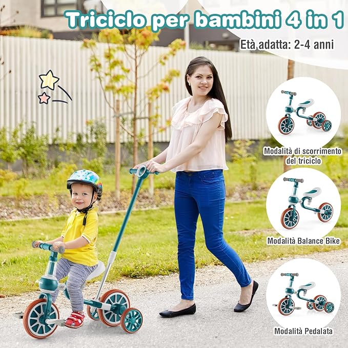 4 in 1 Triciclo per Bambini con Maniglia di Spinta, Triciclo per Bambini Bicicletta Equilibrio con Maniglia, Sedile Regolabili e Pedali Rimovibili, per 2-4 anni (Verde)