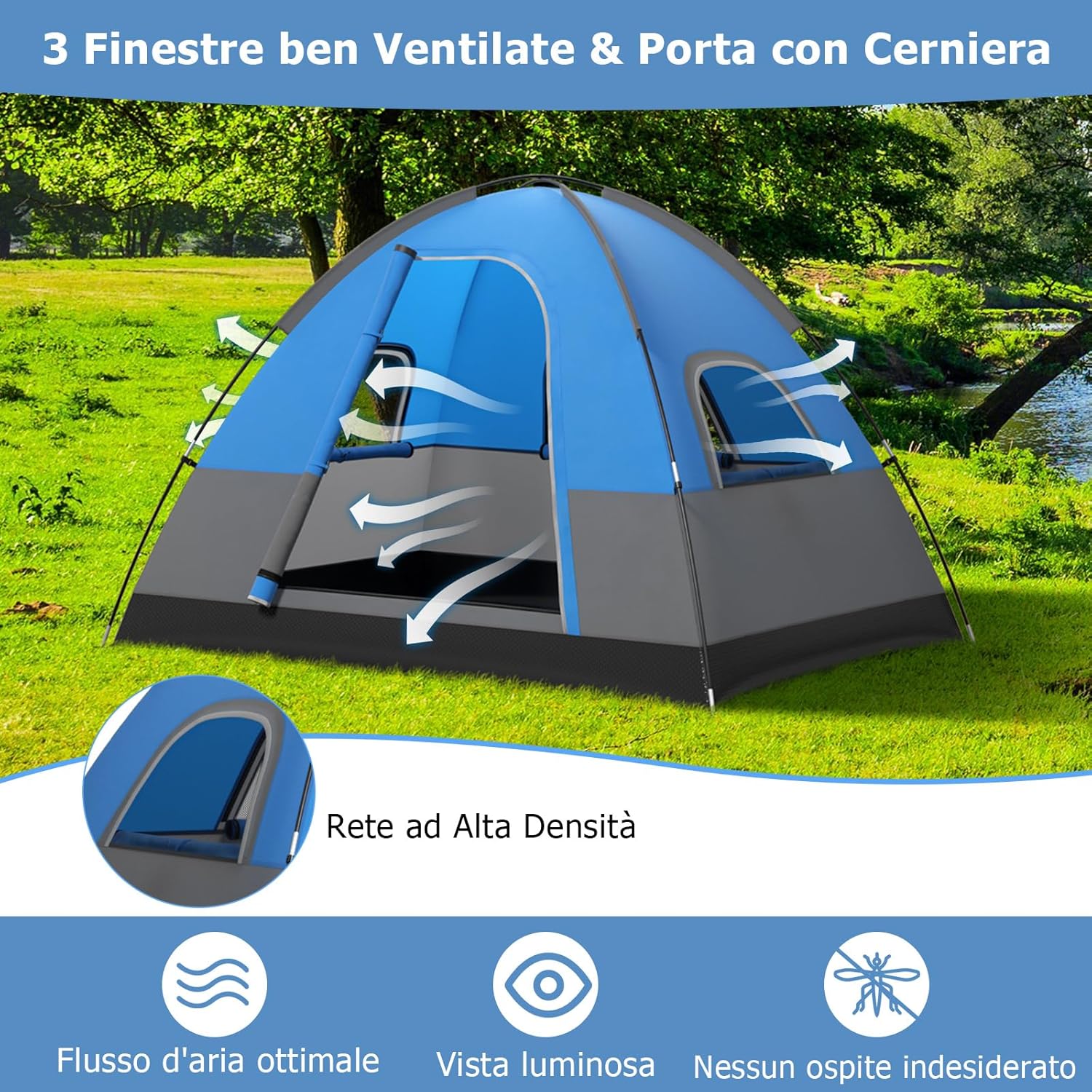 Tenda Campeggio per 2-3 Persone, Tenda a Cupola Ultraleggera, Impermeabile e Antivento, 4 Finestre a Rete, Tenda Zaino in Spalla per Escursionismo Campeggio All'aperto, Blu