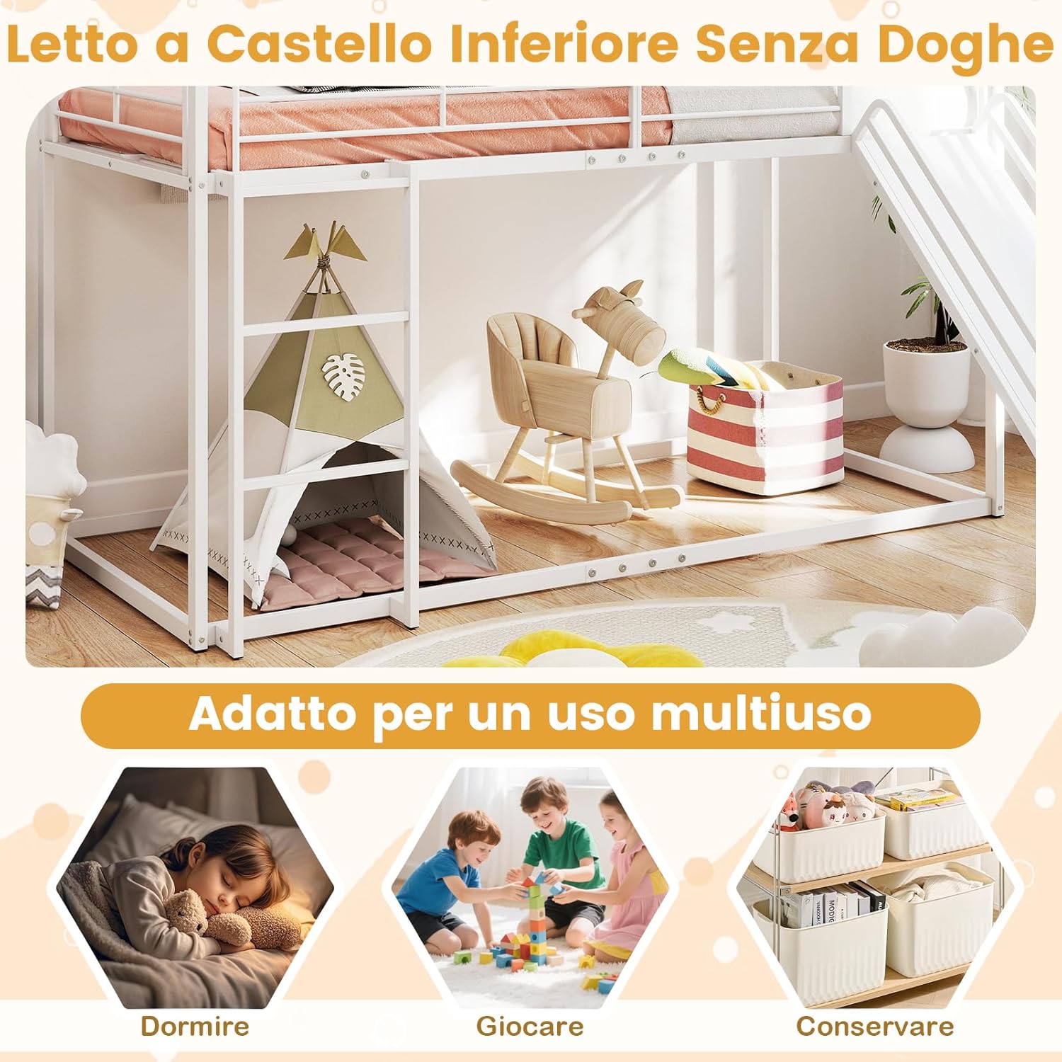 Letto a Castello per Bambini 90x200 cm, Letto Montessori con Scivolo Scala, Struttura in Metallo e Sponda di Sicurezza, Forma di Casa, senza Bisogno di Rete a Molle, Portata 110 kg (Bianco)