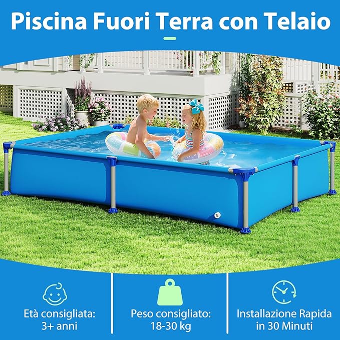 Piscina Fuori Terra, Piscina Pieghevole e Rettangolare da Esterno per Bambini 3+ Anni con Struttura Metallica, Pareti in PVC Robusto, per Cortile, 228 x 159 x 42 cm