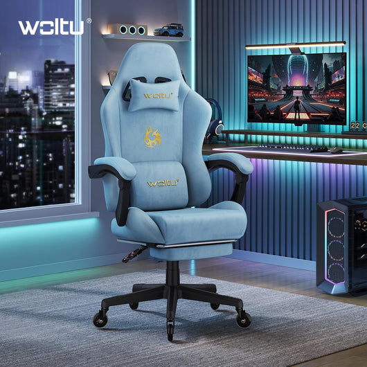 Sedia da gaming, Sedia Gaming Ergonomica con Ruote Silenziose, Altezza e Inclinazione Regolabile, con Braccioli Sincronizzati e Poggiapiedi, in Tessuto Scamosciato, Blu