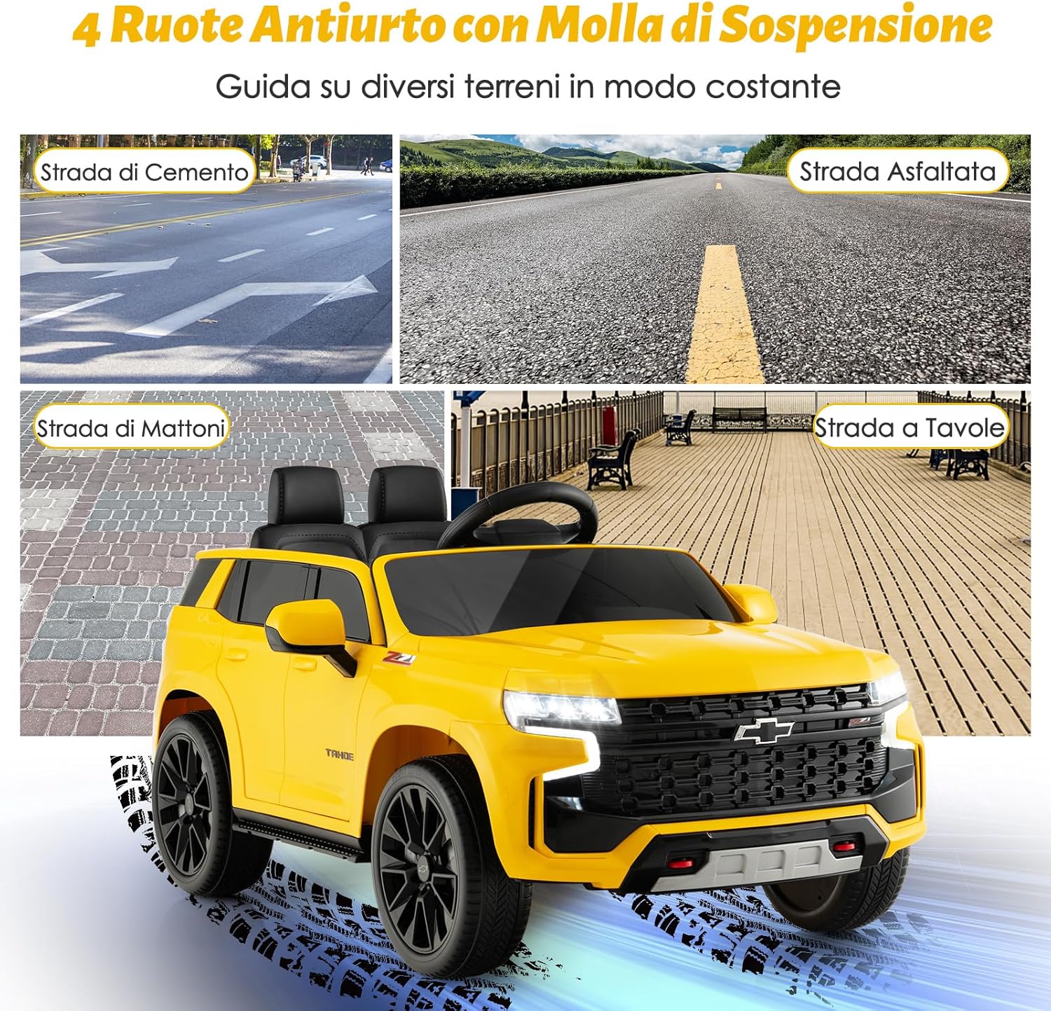 12V Macchina Elettrica per Bambini Chevrolet, SUV Elettrica con Telecomando Luci Luminose e Musica, 3-3,5 km/h, Ideale per Bambini di 3-6 Anni (Giallo)