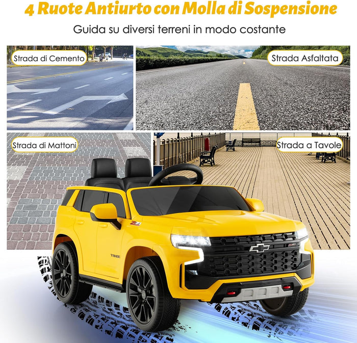 12V Macchina Elettrica per Bambini Chevrolet, SUV Elettrica con Telecomando Luci Luminose e Musica, 3-3,5 km/h, Ideale per Bambini di 3-6 Anni (Giallo)