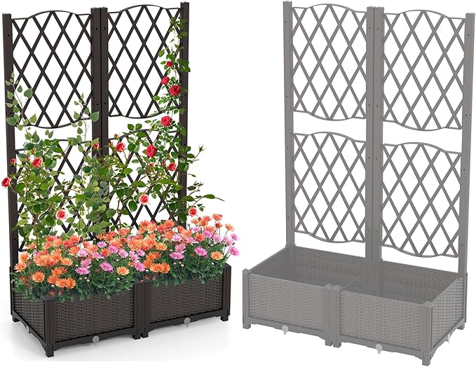 Fioriera con Spalliera da Esterno in PE, Vaso Rettangolare da Giardino con Auto-Irrigante e Fori di Drenaggio, Fioriera con Grigliato per Rampicanti da Balcone (Marrone, 80 x 40 x 122 cm)