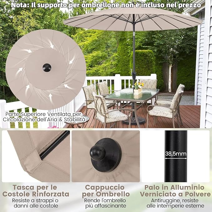 Ombrellone da Giardino Rotondo di 265 cm, Ombrellone da Patio con 18 Costole, Inclinazione a Pulsante, Parasole con Supporto in Metallo, per Cortile, Piscina, Spiaggia(Beige)