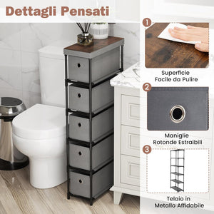 Comò con 5 Cassetti, Cassettiera Stretta in Tessuto con Struttura in Metallo e Legno, Torre Portaoggetti Salvaspazio, per Soggiorno, Camera da Letto e Corridoio (40 x 19 x 100 cm,Grigio)