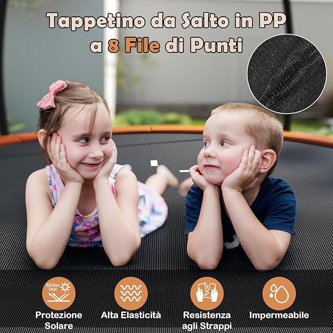 Trampolino Elastico per Bambini e Adulti 244 cm/305 cm/366 cm, Tappeto Elastico da Esterno con Rete di Sicurezza, Scala e Telaio in Acciaio Zincato Antiruggine
