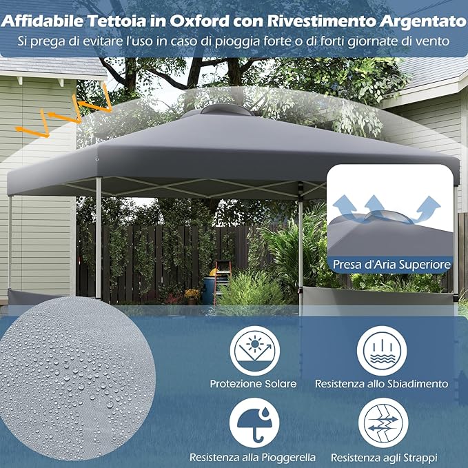 Gazebo Pieghevole 3 x 3 m da Esterno Impermeabile, Gazebo da Esterno con Borsa da Trasporto con Ruote, Tenda Pop-up Regolabile in Altezza per Giardino, Spiaggia, Feste e Barbecue (Grigio)