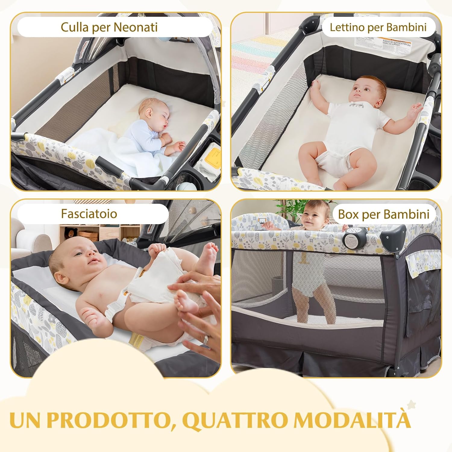 4 in 1 Lettino da Campeggio con Fasciatoio, Lettino Pieghevole per Bambini con Materasso, Centro Neonati con Culla, Box Musicale, Cappottina Regolabile, Borsa da Viaggio (Foglie)