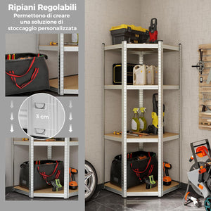 Scaffale ad Angolo a 4 Ripiani, Scaffalatura Regolabile per l'Archiviazione in Garage, Mensola Metallica Resistente, Carico 720 kg per Magazzino Dispensa e Cucina (Argento)