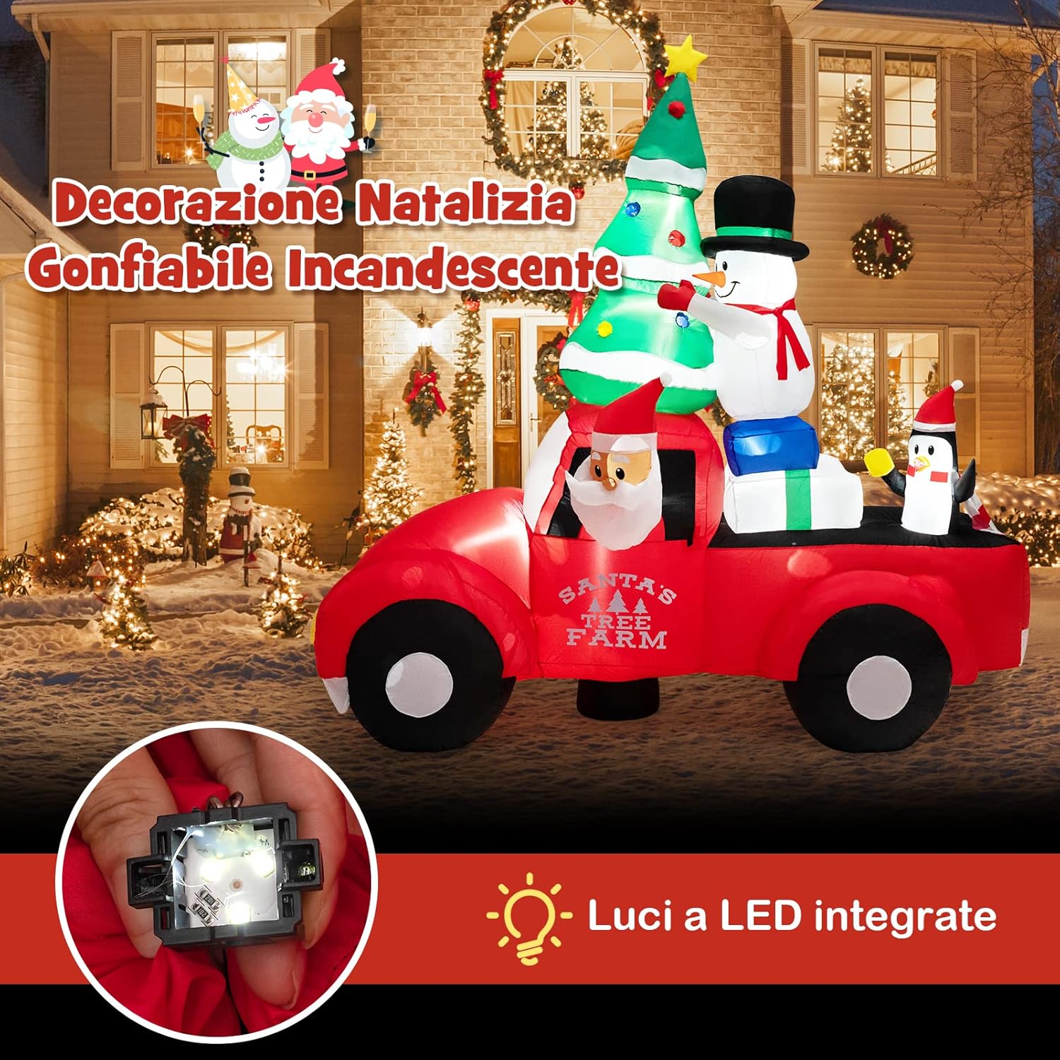 Decorazione Gonfiabile di Natale 240 cm, Gonfiabile di Babbo Natale con Pupazzo di Neve e Pinguino con LED e Soffiatore, per Prato, Casa, Festa