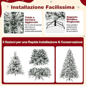 Albero di Natale Innevato 136/180/210 cm, Albero di Natale con 160/240/320 Luci LED, 472/850/1270 Rami di PE e PVC, 26/34/40 Pigne, Aghi di Pino e 8 Modalità di Illuminazione (210 CM)