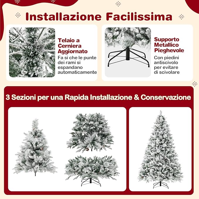 Albero di Natale Innevato 136/180/210 cm, Albero di Natale con 160/240/320 Luci LED, 472/850/1270 Rami di PE e PVC, 26/34/40 Pigne, Aghi di Pino e 8 Modalità di Illuminazione (210 CM)