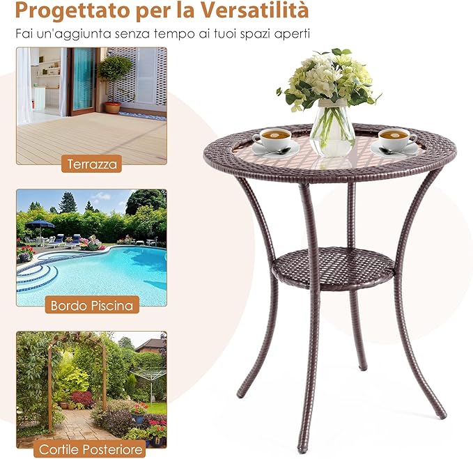 Tavolo da Giardino in Rattan PE e Vetro Temperato, Rotondo Tavolino Piccolo da Caffè Resistente alle Intemperie, per Cortile Balcone Esterno, Ø64 x 72 cm, Marrone