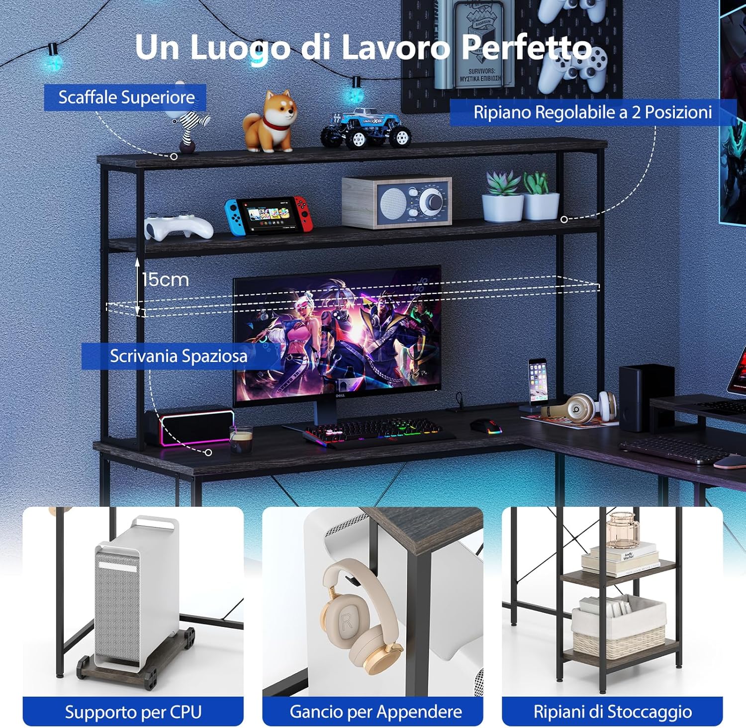 Scrivania per Computer a Forma di L, Tavolo da Gioco con Scaffale Regolabile, Gancio, Supporto per CPU, Striscia LED, Telecomando e Prese di Corrente, Desk per Studiare e Lavorare (Grigio)
