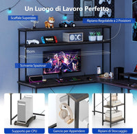 Scrivania per Computer a Forma di L, Tavolo da Gioco con Scaffale Regolabile, Gancio, Supporto per CPU, Striscia LED, Telecomando e Prese di Corrente, Desk per Studiare e Lavorare (Grigio)