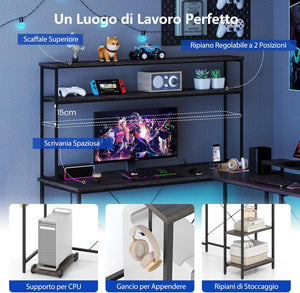 Scrivania per Computer a Forma di L, Tavolo da Gioco con Scaffale Regolabile, Gancio, Supporto per CPU, Striscia LED, Telecomando e Prese di Corrente, Desk per Studiare e Lavorare (Grigio)
