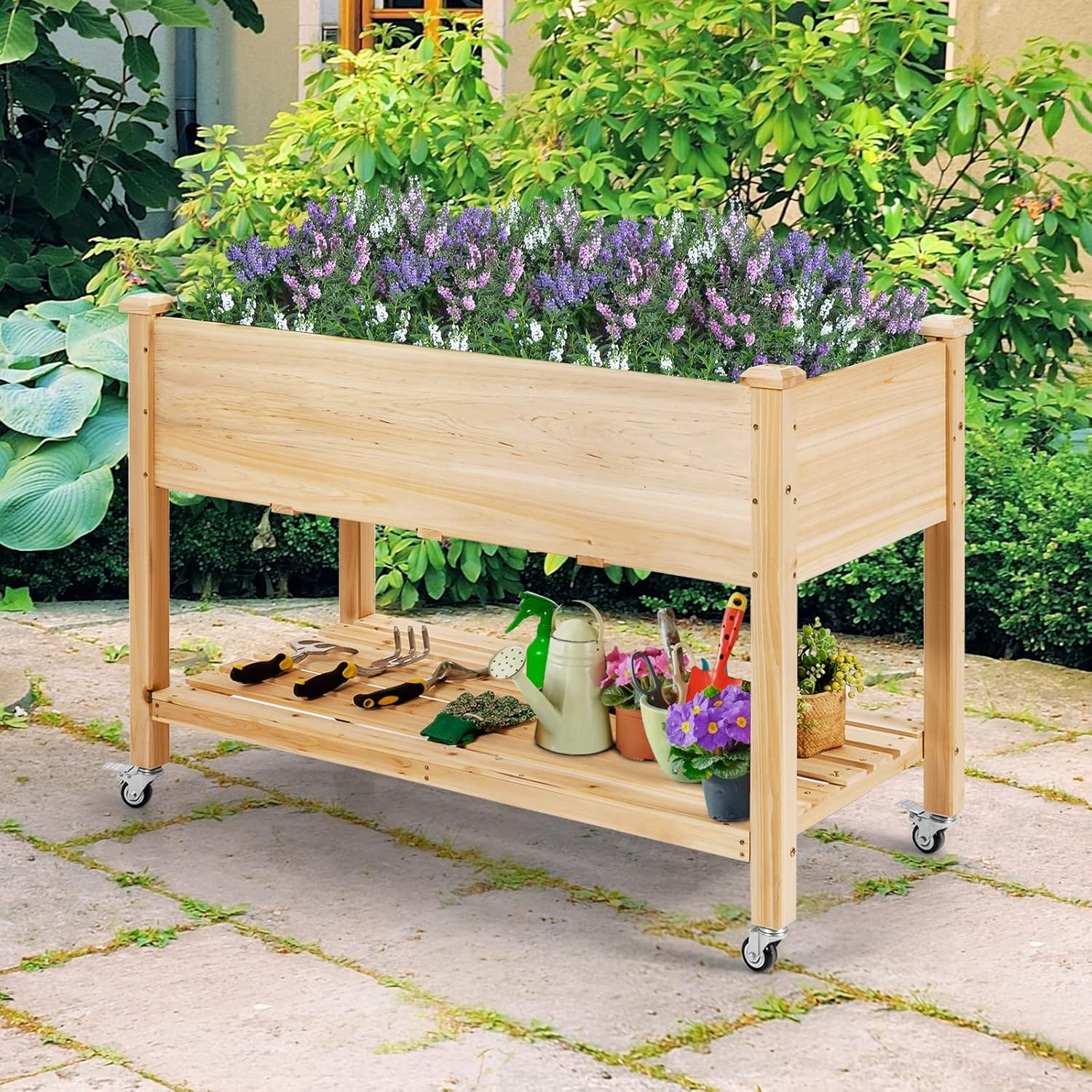 Letto da Giardino Rialzato, Fioriera da Esterno Alta con Ruote Bloccabili e Rivestimento Protettivo, Aiuola Rialzata per Orto, Fiori e Verdure da Cortile e Patio,120 x 59 x 84 cm