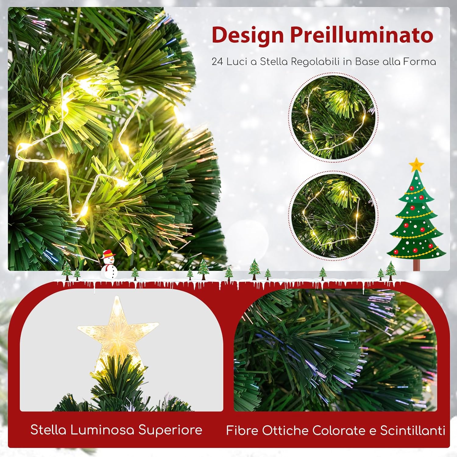 Albero di Natale in Fibra Ottica 150/180 cm, Albero di Natale Artificiale Pre-illuminato con 24/36 Luci a Stringa, Stella sulla Cima e 170/230 Punte dei Rami, Decorazione per Feste (150 CM)