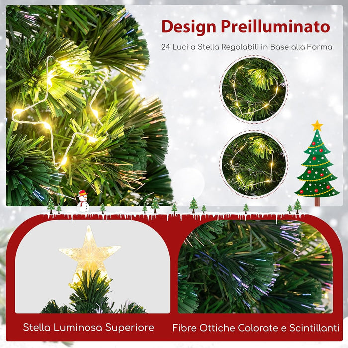 Albero di Natale in Fibra Ottica 150/180 cm, Albero di Natale Artificiale Pre-illuminato con 24/36 Luci a Stringa, Stella sulla Cima e 170/230 Punte dei Rami, Decorazione per Feste (150 CM)