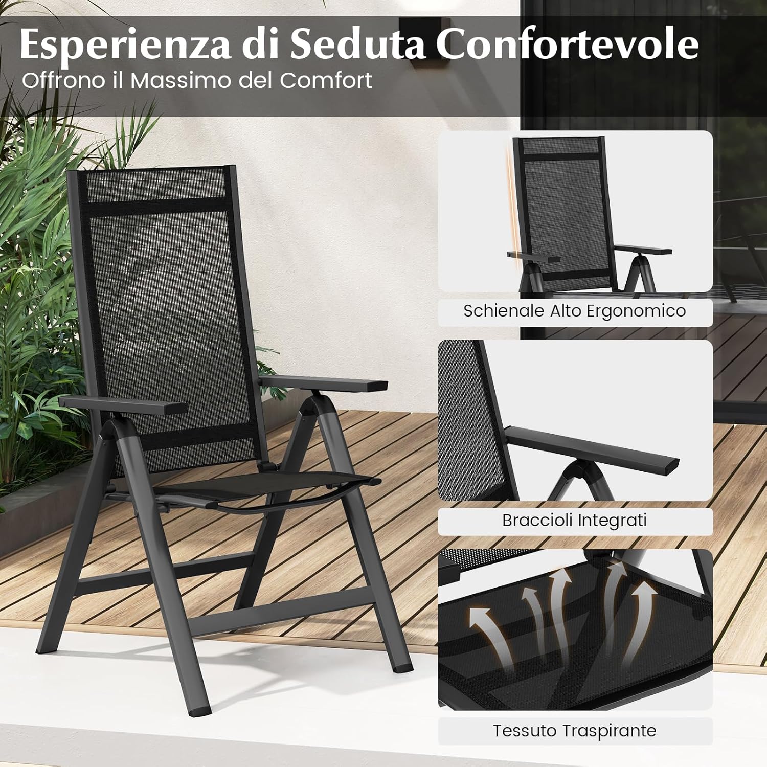 Sedie Pieghevoli da Patio, Sedie in Metallo con Schienale Regolabile su 7 Posizioni, Braccioli, Sedie Reclinabili Portatili per Giardino, Veranda, Piscina, 72,5 x 58 x 107 cm (1)
