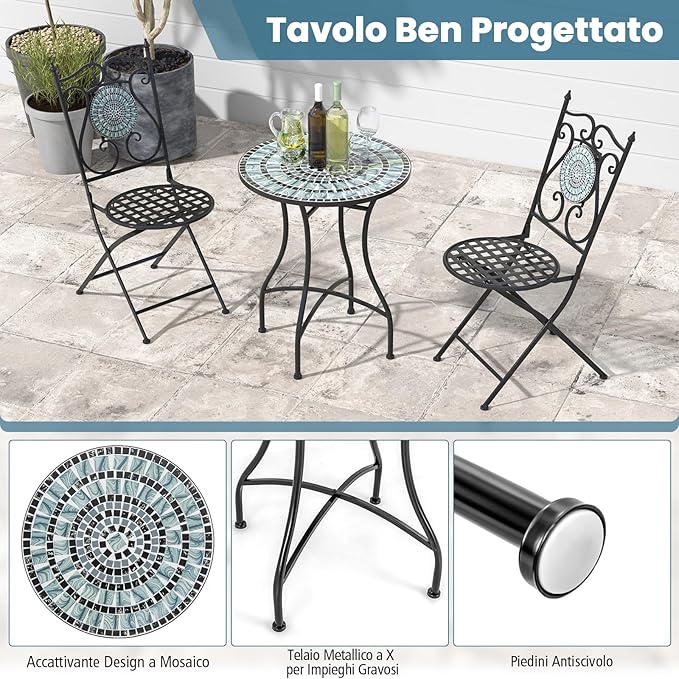 Set da Giardino 3 Pezzi,Set da Pranzo in Metallo Robusto a Mosaico, con 2 Sedie Pieghevoli, Set Tavolo e Sedie per Interno ed Esterno (Nero+Grigio)