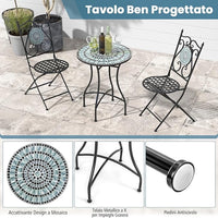 Set da Giardino 3 Pezzi,Set da Pranzo in Metallo Robusto a Mosaico, con 2 Sedie Pieghevoli, Set Tavolo e Sedie per Interno ed Esterno (Nero+Grigio)