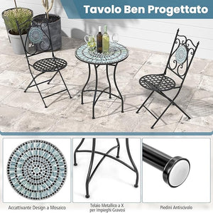 Set da Giardino 3 Pezzi,Set da Pranzo in Metallo Robusto a Mosaico, con 2 Sedie Pieghevoli, Set Tavolo e Sedie per Interno ed Esterno (Nero+Grigio)