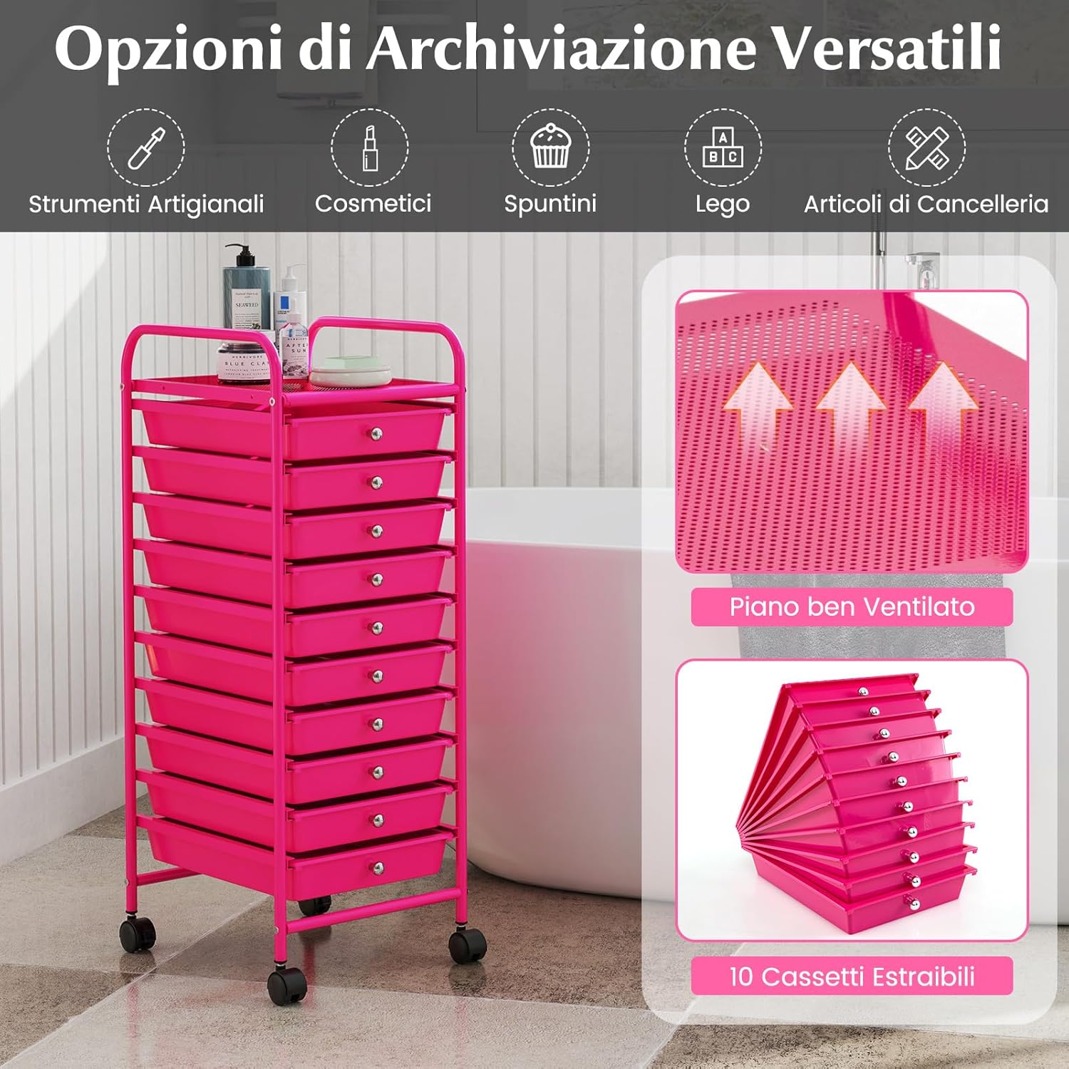 Carrello con 10 Cassetti da Stoccaggio, Cassettiera di Metallo e Plastica, Contenitore Multiuso con Ruote a Freno, per Casa e Ufficio (Rosa)