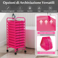 Carrello con 10 Cassetti da Stoccaggio, Cassettiera di Metallo e Plastica, Contenitore Multiuso con Ruote a Freno, per Casa e Ufficio (Rosa)