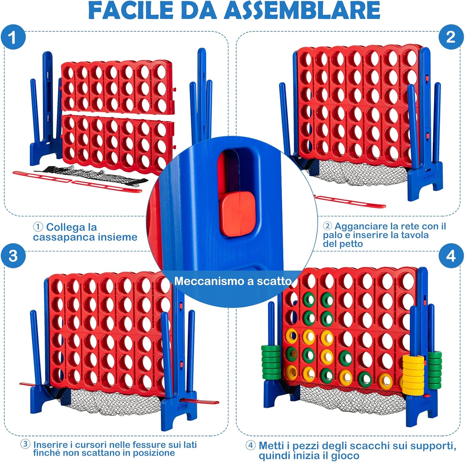 Forza 4 Gigante Mega 4 con Rete, Gioco Familiare da Interno ed Esterno per Bambini ed Adulti, 119 x 42 x 104 cm