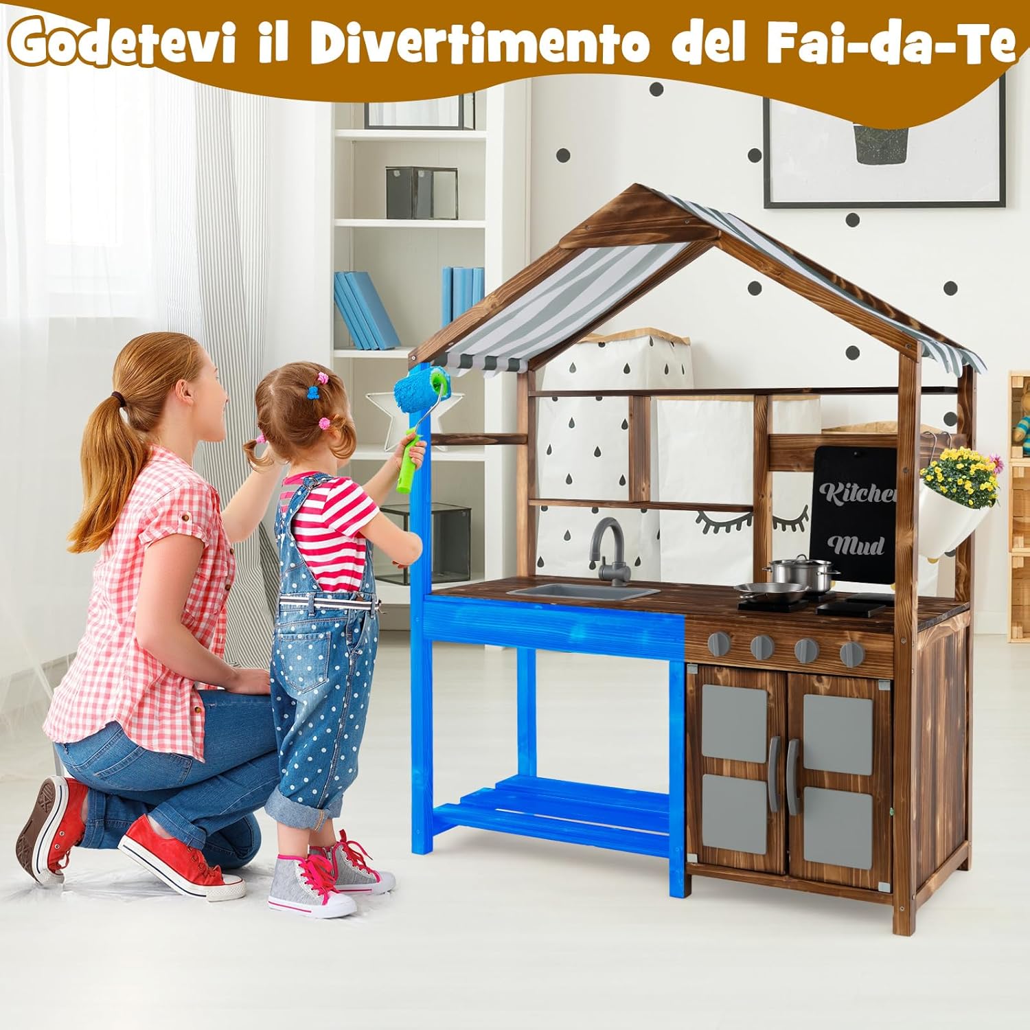 Set da Cucina per Bambini, Cucina da Giardino con Tettoia, Rubinetto Girevole e Lavello Rimovibile, Fornelli e Manopole Realistici, Lavagna, per Bambini 3-7 Anni