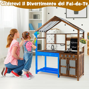 Set da Cucina per Bambini, Cucina da Giardino con Tettoia, Rubinetto Girevole e Lavello Rimovibile, Fornelli e Manopole Realistici, Lavagna, per Bambini 3-7 Anni