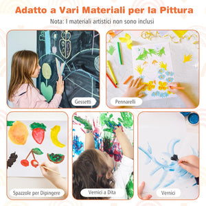 3 in 1 Cavalletto per Bambini, Cavalletto con Doppia Faccia Magnetica e Lavagna Bianca, Rotolo di Carta, 3 Bicchieri per Vernice e 2 Ceste in Tessuto, per Bambini 3-6 Anni (Grigio)