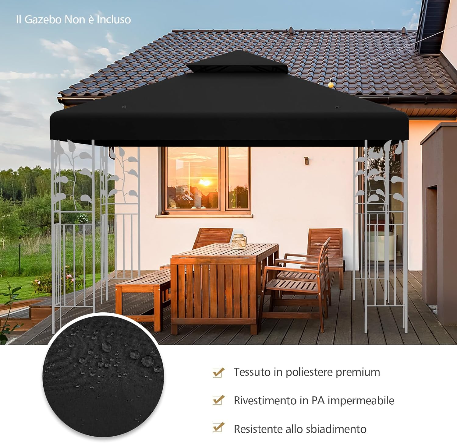 Tetto di Ricambio per Gazebo da Giardino Copertura di Ricambio Gazebo 3 x 3 m (Nero)