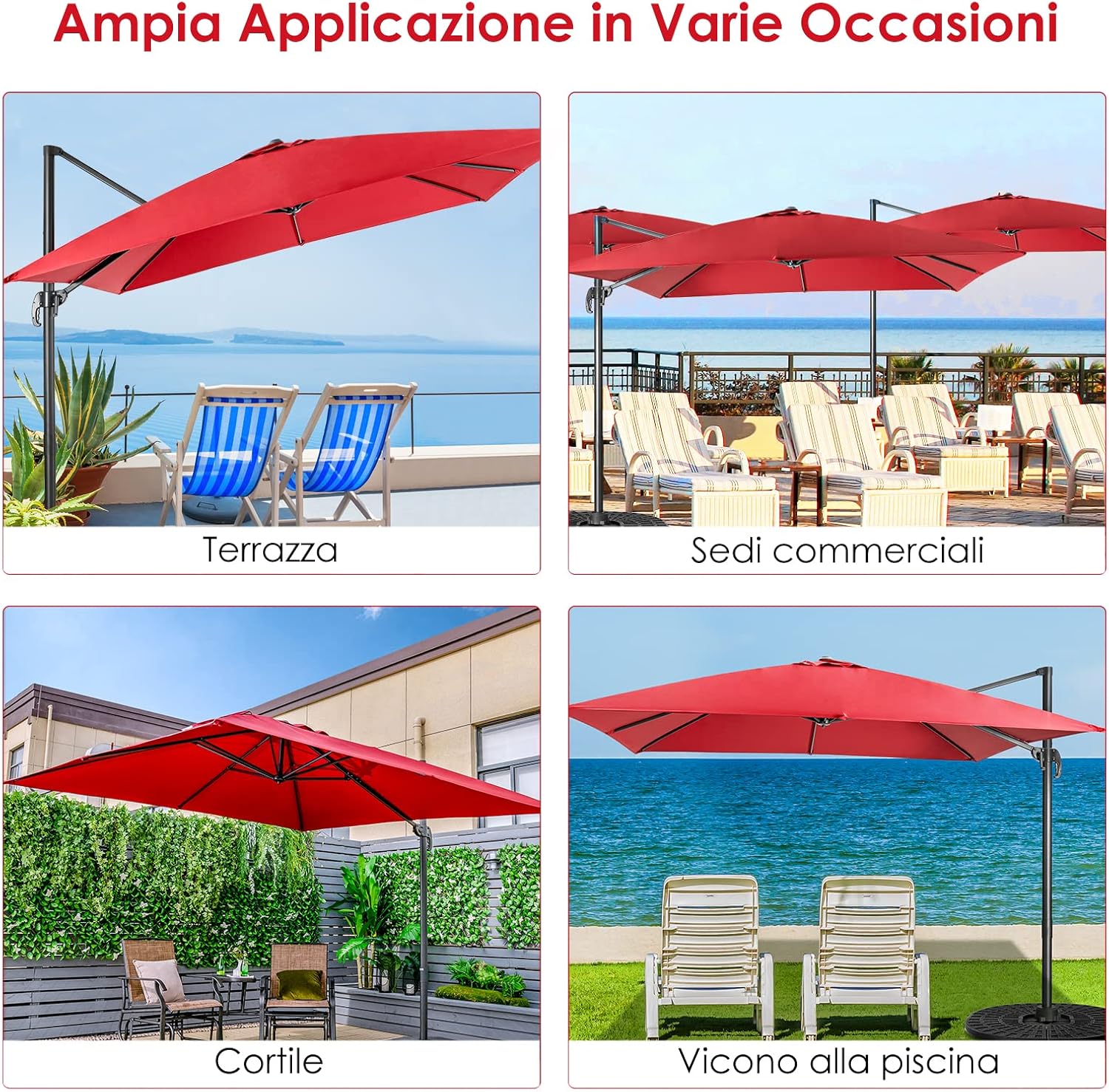 Ombrellone da Giardino, 300 x 300 cm, Ombrellone da Esterno con 3 Inclinazioni, Rotazione a 360°, Manovella, 8 Stecche, Base Incrociata (Vinaccia)