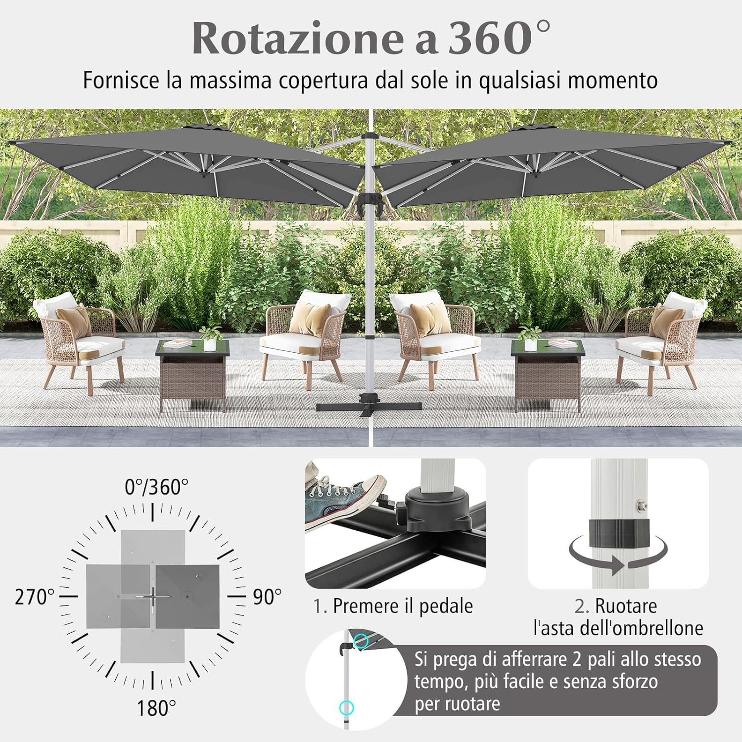 Ombrellone da Giardino 300 cm, Ombrellone Quadrato da Esterno con Rotazione a 360°, Inclinazione Regolabile, Base a Croce, 8 Stecche (Grigio, 300 x 300 x 261 cm)