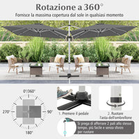Ombrellone da Giardino 300 cm, Ombrellone Quadrato da Esterno con Rotazione a 360°, Inclinazione Regolabile, Base a Croce, 8 Stecche (Grigio, 300 x 300 x 261 cm)