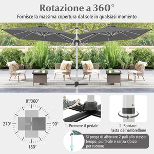 Ombrellone da Giardino 300 cm, Ombrellone Quadrato da Esterno con Rotazione a 360°, Inclinazione Regolabile, Base a Croce, 8 Stecche (Grigio, 300 x 300 x 261 cm)