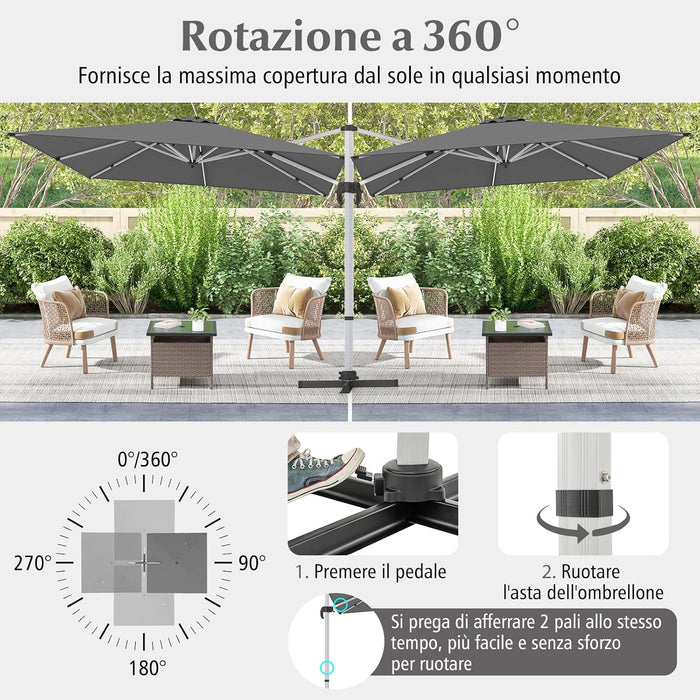 Ombrellone da Giardino 300 cm, Ombrellone Quadrato da Esterno con Rotazione a 360°, Inclinazione Regolabile, Base a Croce, 8 Stecche (Grigio, 300 x 300 x 261 cm)