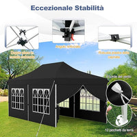 Gazebo da Giardino 3 x 6 m, Tendone per Feste con 6 Pannelli Laterali Rimovibili, con Borsa da Trasporto, Design Pop-up, per Matrimonio Eventi e Barbecue (Nero)