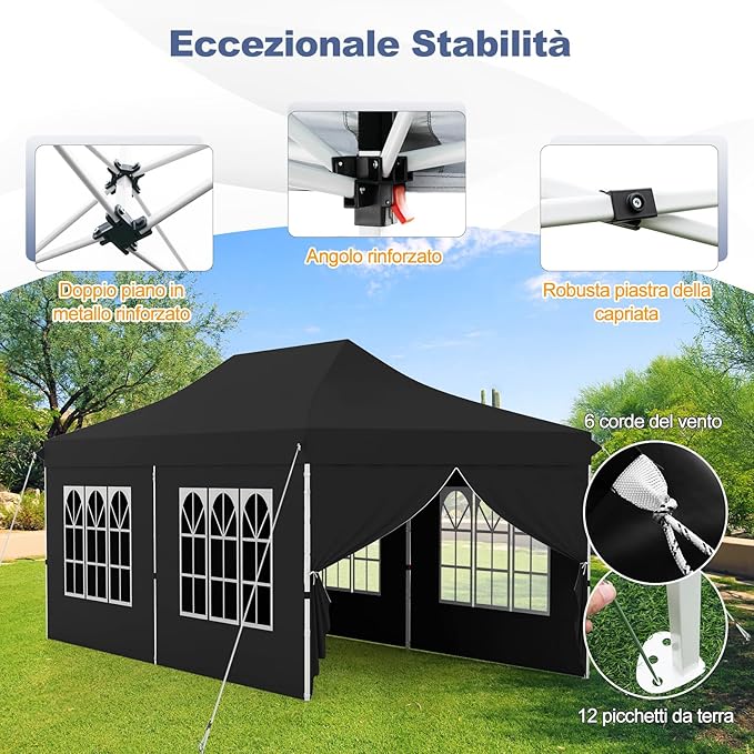 Gazebo da Giardino 3 x 6 m, Tendone per Feste con 6 Pannelli Laterali Rimovibili, con Borsa da Trasporto, Design Pop-up, per Matrimonio Eventi e Barbecue (Nero)